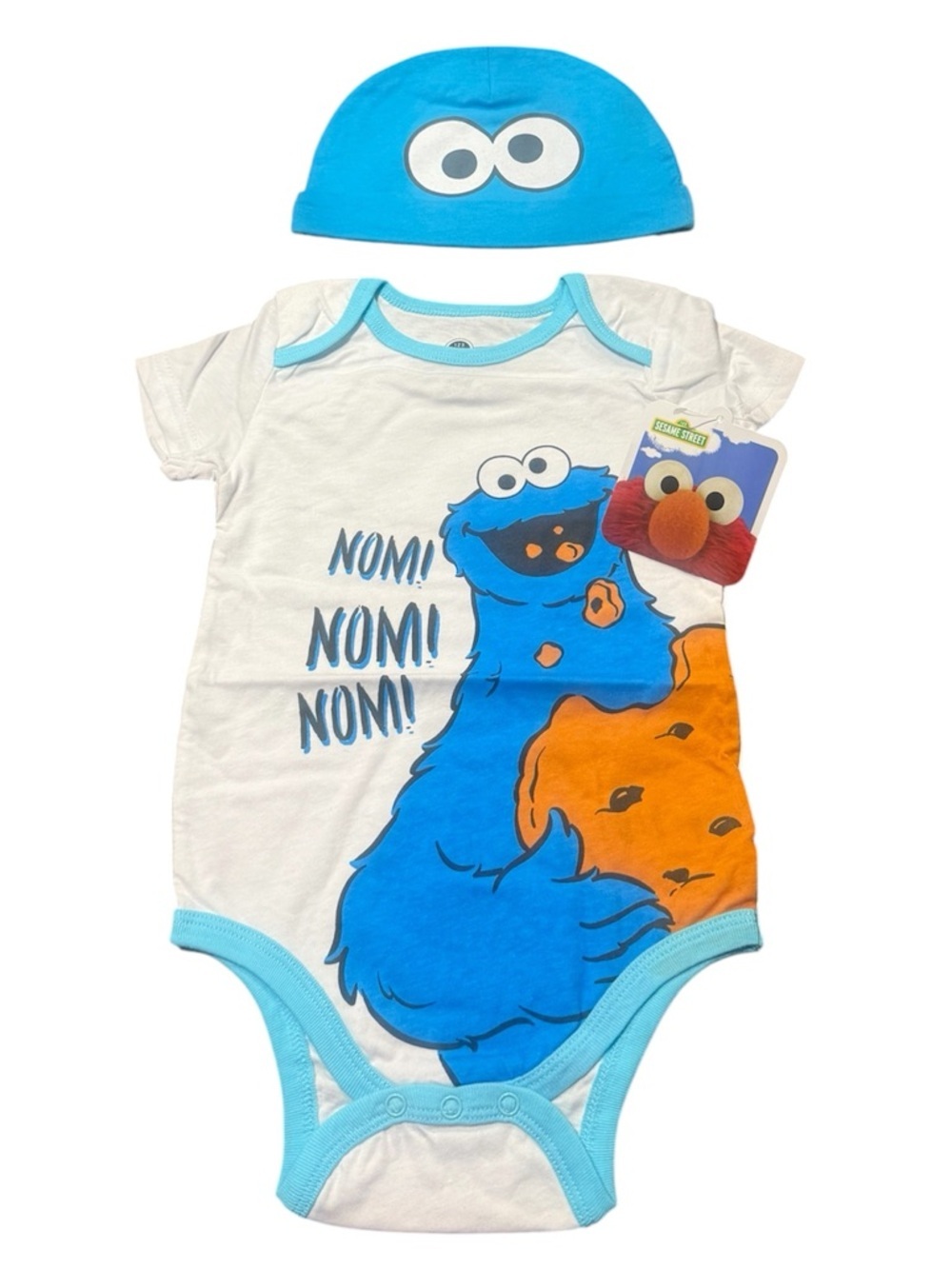 Sesame Street Cookie Monster Blue & White One-Piece Romper with Hat SIze 24 mos